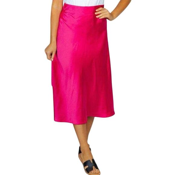 WHITE BIRCH Hot Pink High-Waisted Solid Satin Midi Skirt Barbie Pull-On - Sz M - Picture 1 of 6